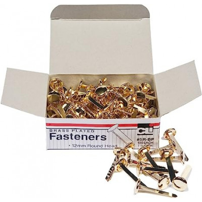 Paper Fasteners, Round Head, Brass Plated 1-1/4 Inches Shank, 12 mm Head,  100/Box