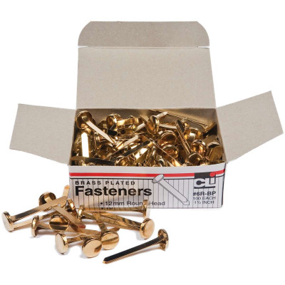 Officemate Round Head Fastener, 3/8 In Head, 1 In Shank, Brass Plated,  Brass, Pack Of 100